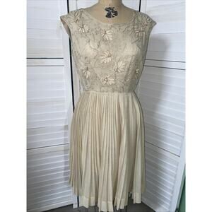 Vintage 50's CARLYE Ivory Irish Linen Lace Dress Pleated Skirt Women’s Sz Med
